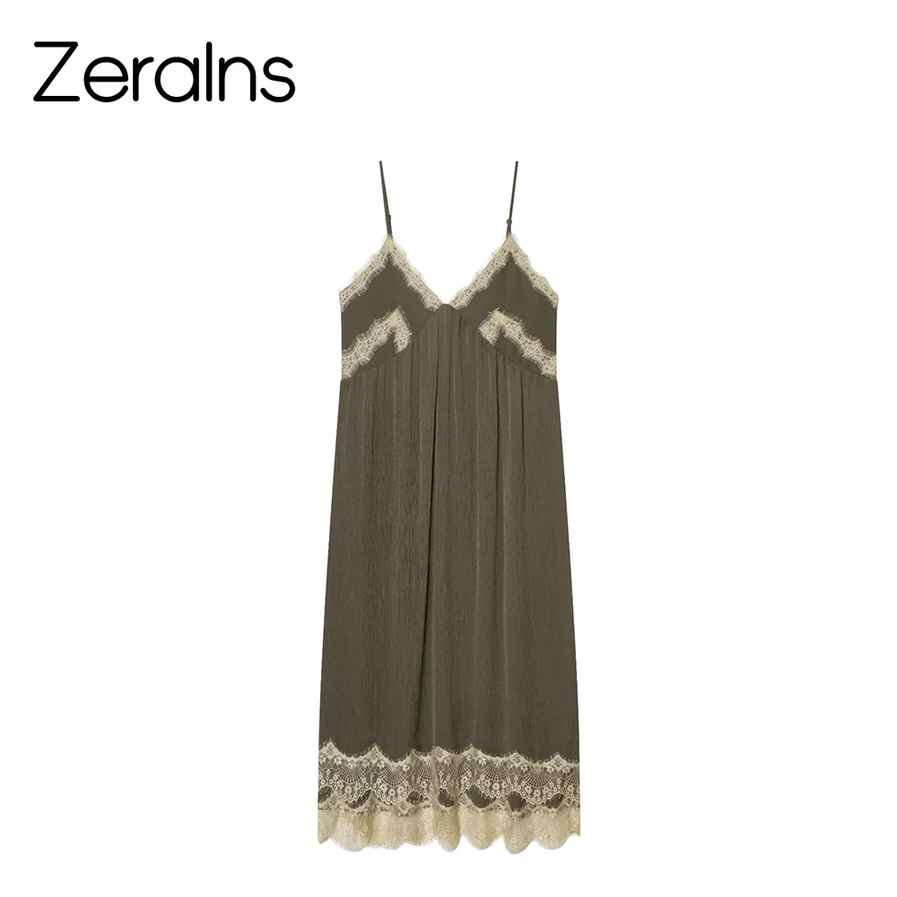 ZERAINS 2026 Spring/Summer New Product Women's V-neck Strap Contrast Splicing Lace Underwear Style Medium length Dress