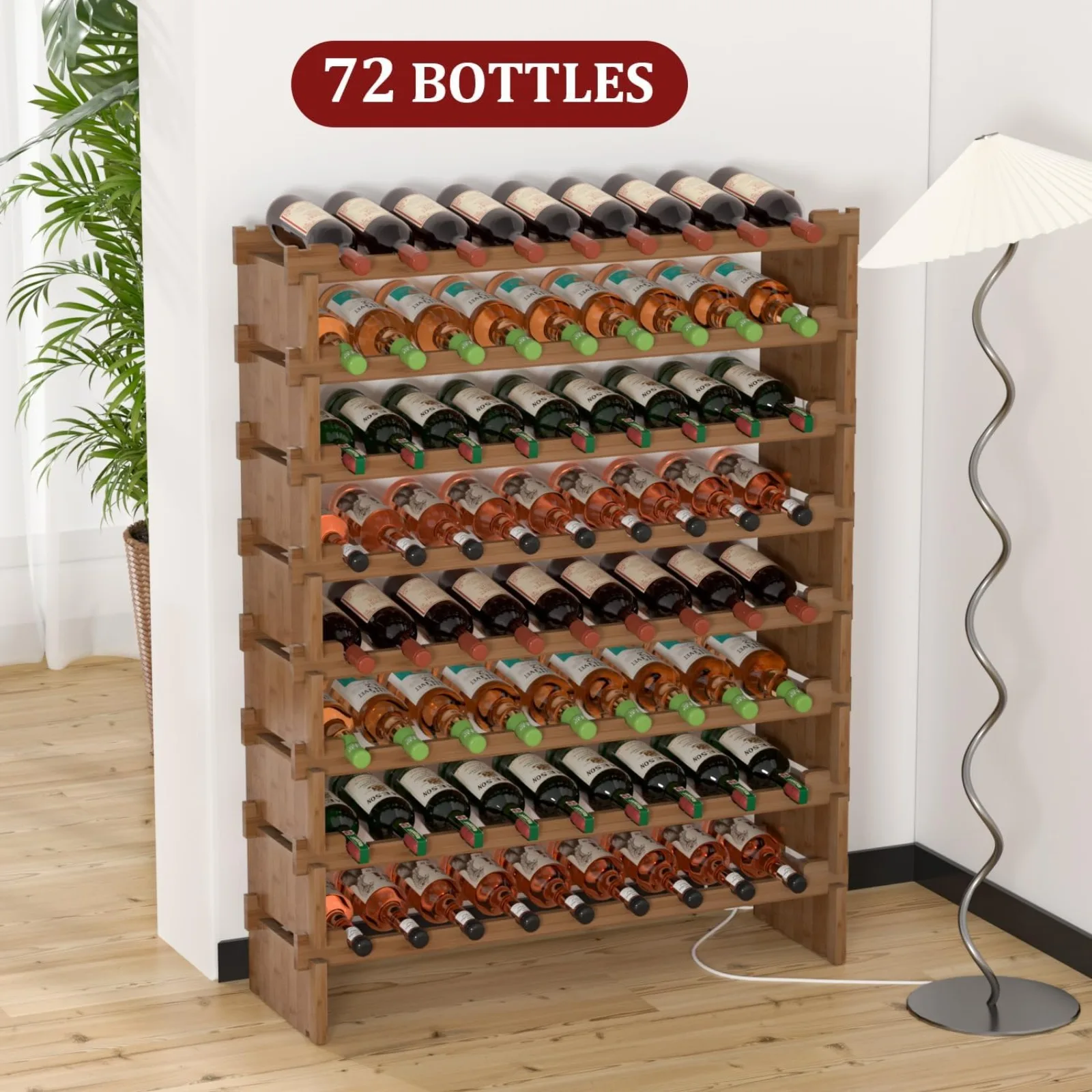 US Wine Rack Freestanding Floor - 8 Tiers Bottle Holder 72 Bottle Rack， Bamboo Holder Wine Storage