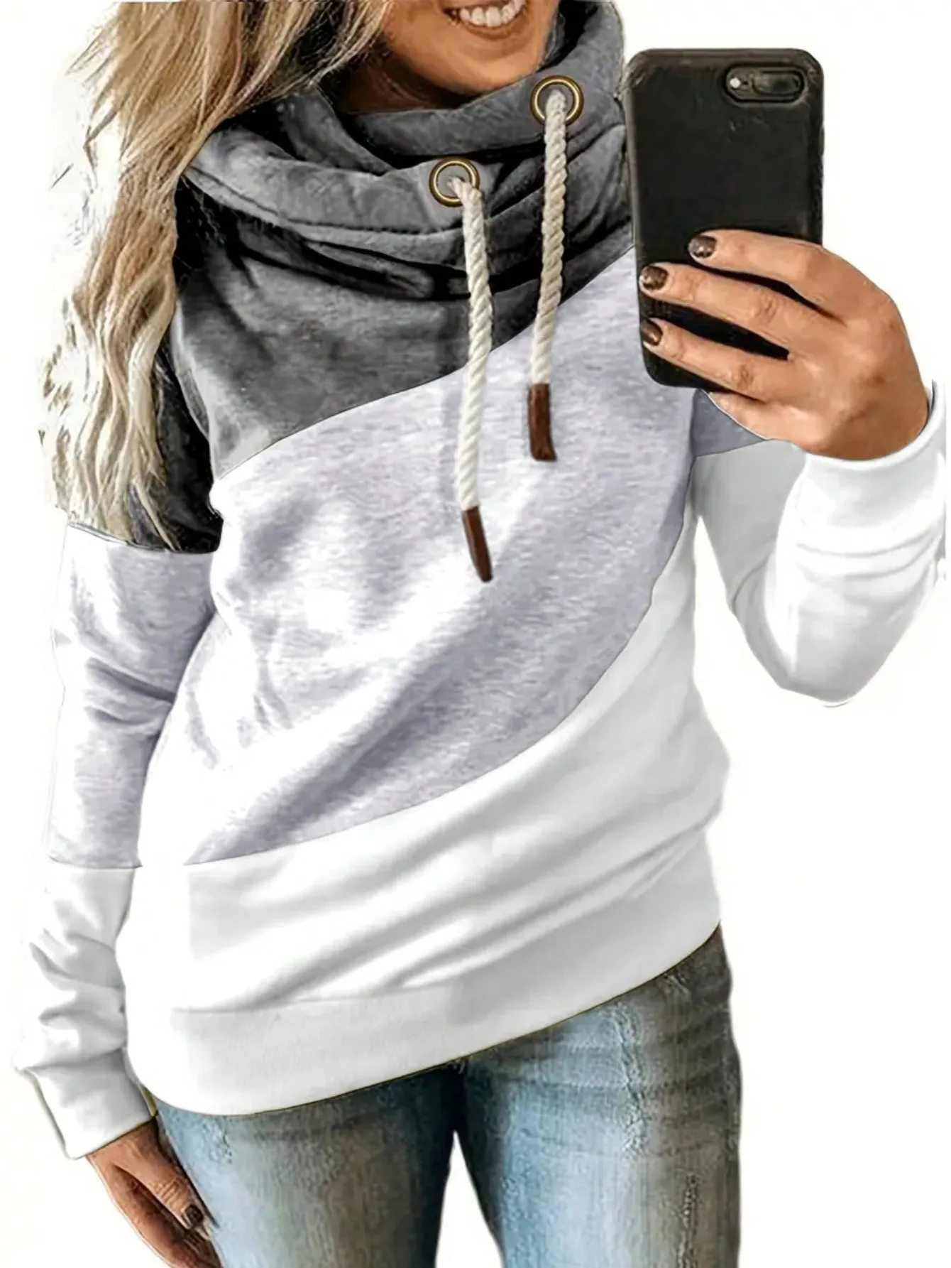 

Women's Contrast Color Patchwork Hoodie with Drawstring Neckline