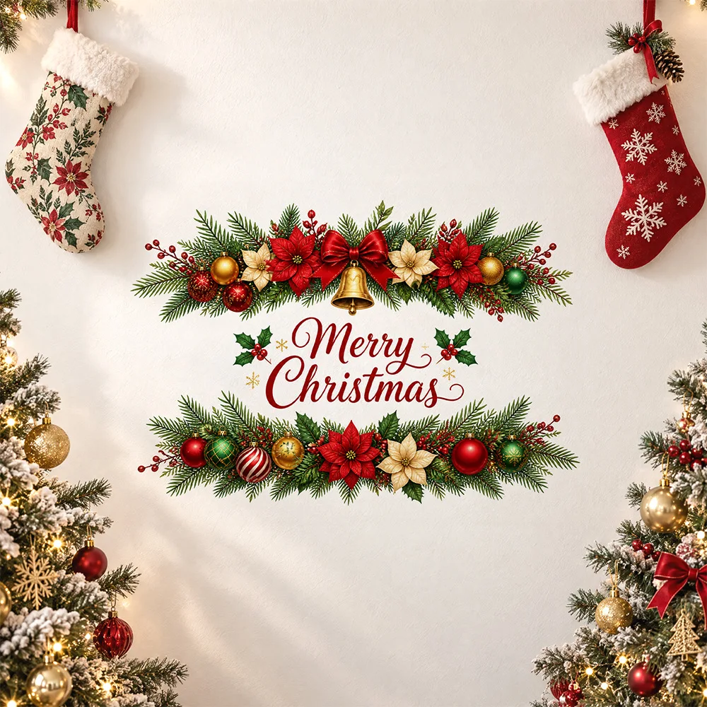 PICKNOW 1PC Merry Christmas Garland Wall Sticker, Pine Bell Gingerbread Self Adhesive Decal, Xmas Home Window Fridge Decor