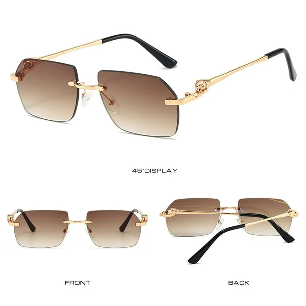 with Leopard Temples Edge-Cut Sunglasses Irregular Shape Summer Street Shades Frameless UV Protection Sun Glasses