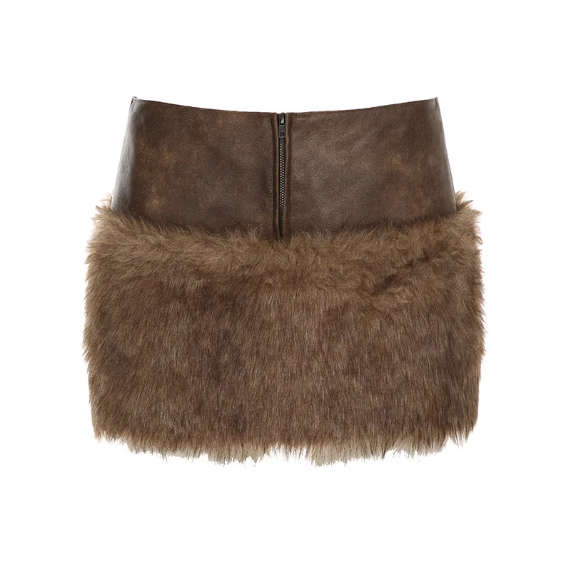 

Brown Tribal Style Fur Patchwork Skirt Nightclub Hot Girl Sexy Low Waist Slim Hip Skirt Pu Zipper Pure Desire Short Skirt