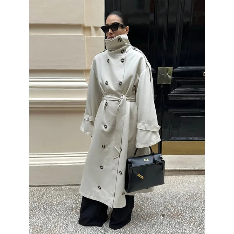 النمط البريطاني لون نقي مزدوج الصدر معطف طويل المرأة الخريف / الشتاء الوافدين الجدد