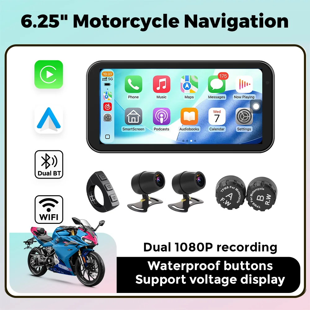 Portátil 6,25 pulgadas IP67 impermeable motocicleta GPS navegación inalámbrica Carplay Android Auto DVR unidad grabadora Moto Monitor WIFI
