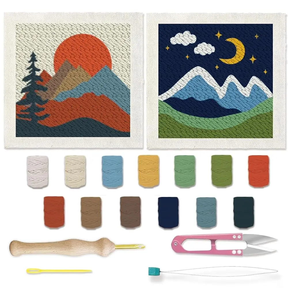

2 Sets Camping Punch Needle Kit for Beginners Scenery Theme Punch Embroidery Kits with Frame Instructions Embroidery Starter