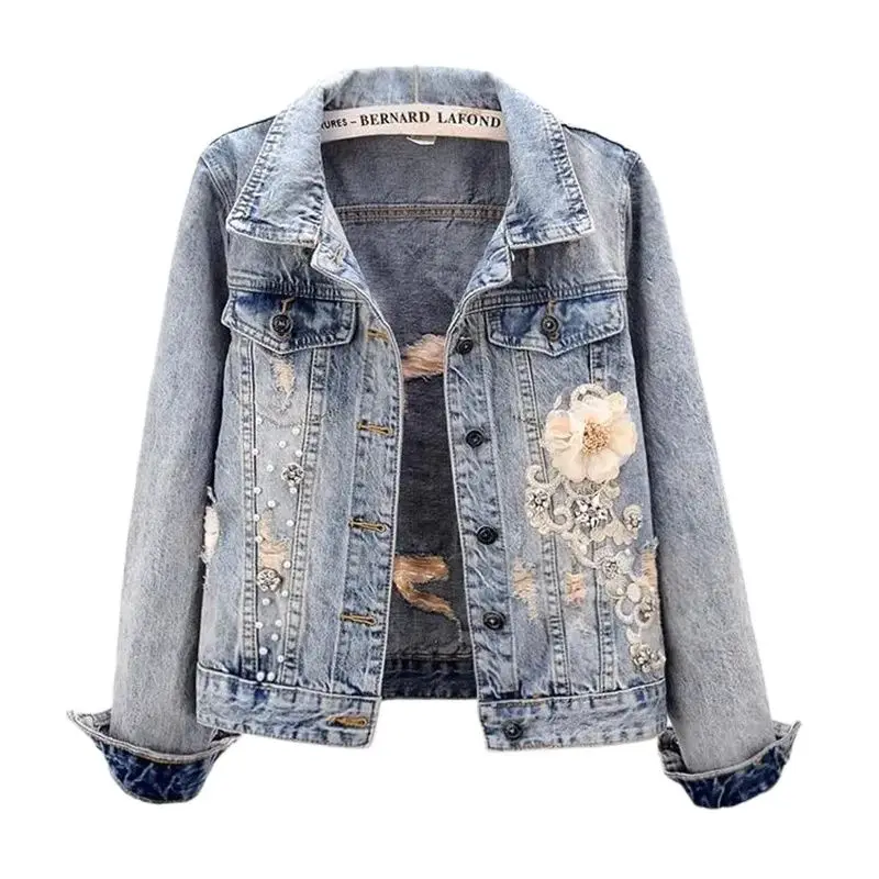 

Spring Autumn Short Women's Denim Jacket 2024 New Fashion Loose Leisure Coat Embroidery Diamond Setting Flower Overcoat Fmale