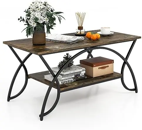 

Industrial Coffee Table, 2-Tier Rectangular Center Table with , Accent Table with Arched Metal Frame & Adjustable Foot Pads
