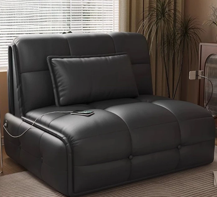 Leather electric folding sofa bed, small apartment living room, intelligent telescopic storage sofa bed