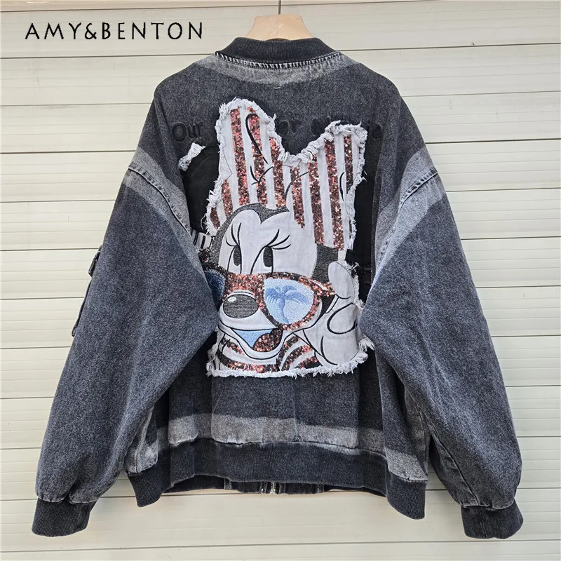 

Trendy Brand Cartoon Print Sequin Design Denim Coat American High Street Youthful Hip-Hop Style Overcoat Baseball Jacket Female