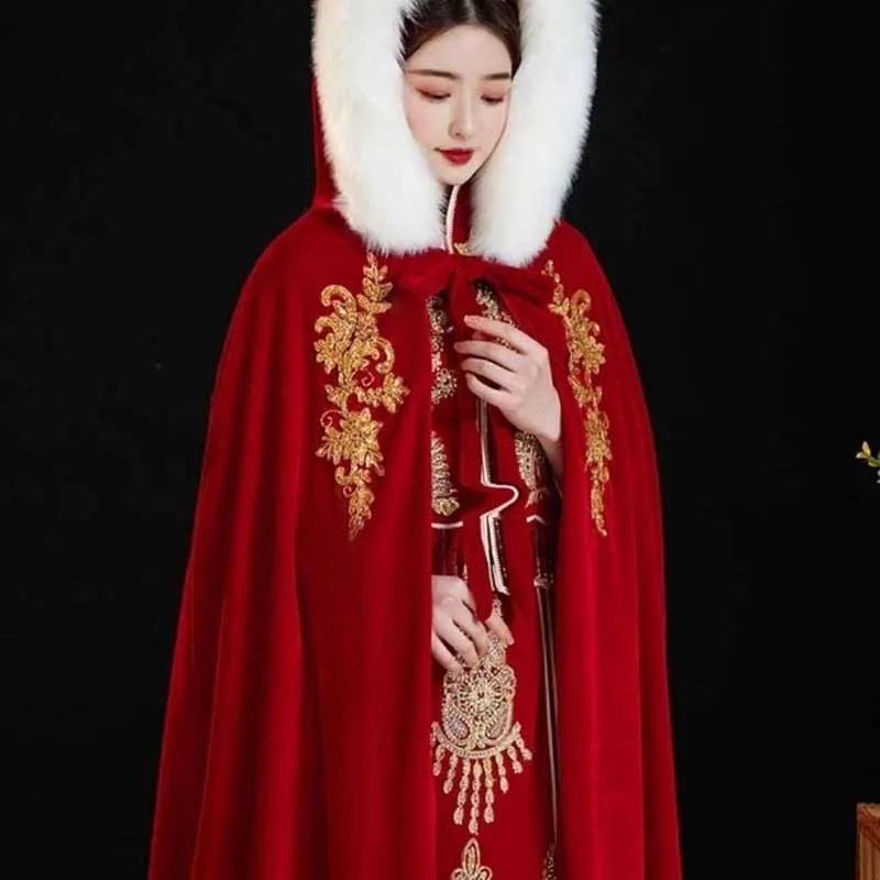 Women`Long Red Velvet Tweed Hooded Cape Poncho 2024 Winter Warm Cloak Christmas Embroidery Hanfu Cloak New Year Costume Cape