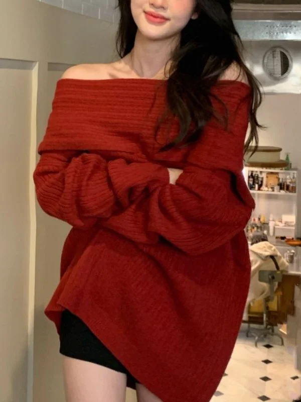 

Ele Long Sve вязаный свитер женский однотонный свободный крой осенний модный одно плечо ленивый свитер средней длины