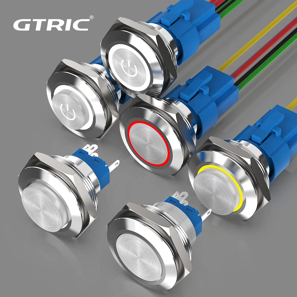 GTRIC 30MM Metal Button Switch Stainless Steel Shell LED Light 12/24/220V Momentary Latching Nickel Plated Power Switch Button