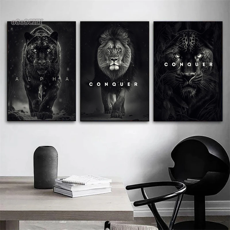 Lion Panther Animal Motivational Posters Conquer Focus Motivational Qoutes Canvas Print Paintings Wall Art for Living Room Decor