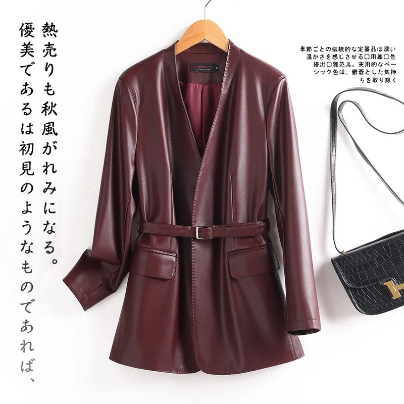 2026 New PU Leather Women's Collarless Suit Jacket High-end Feel Autumn Winter New Style Slim Waist Belt Fashion Female Outwear