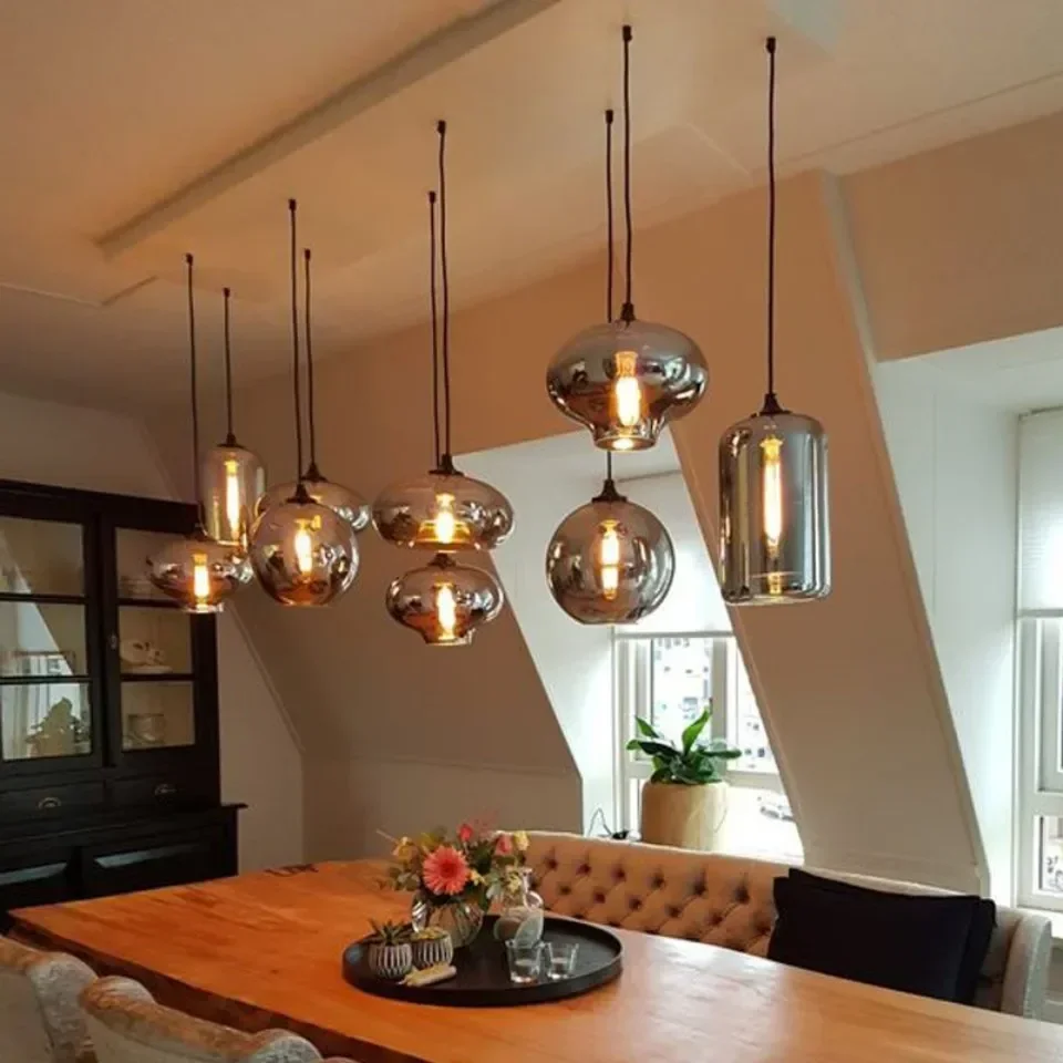 Grey Glass Pendant Light Creative Personality Bar Pendant Lamp Dining Room Cafe Industrial Chandelier Home Decoration Lights