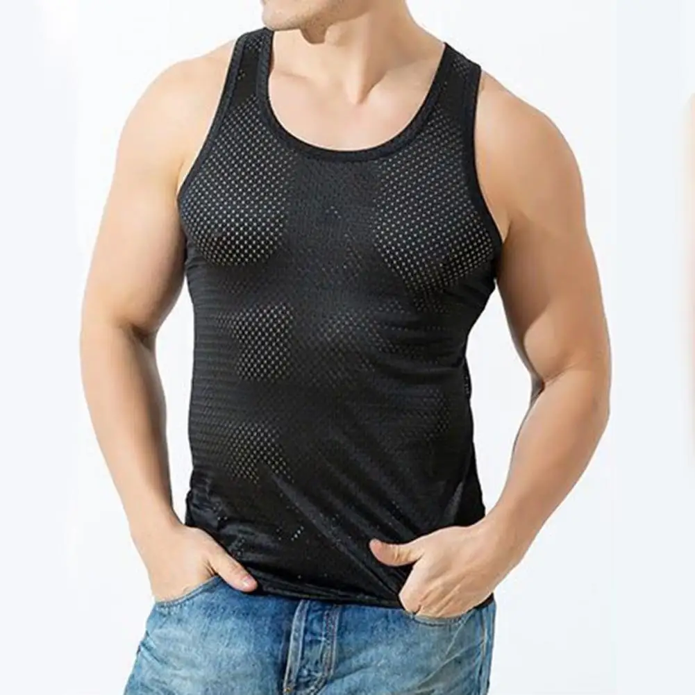 Camisola de alças de malha oca masculina, O-pescoço, secagem rápida, respirável, sem mangas, colete legal, tanques de praia, verão, 2023