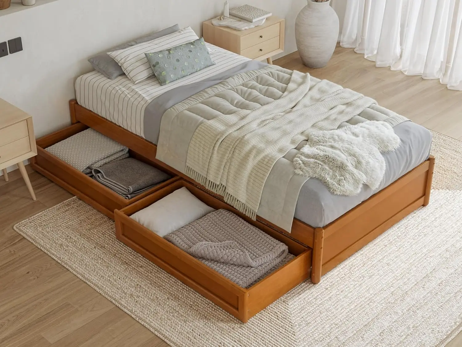 Twin Panel Platform cama com gavetas do armazenamento, Barcelona, luz Toffee