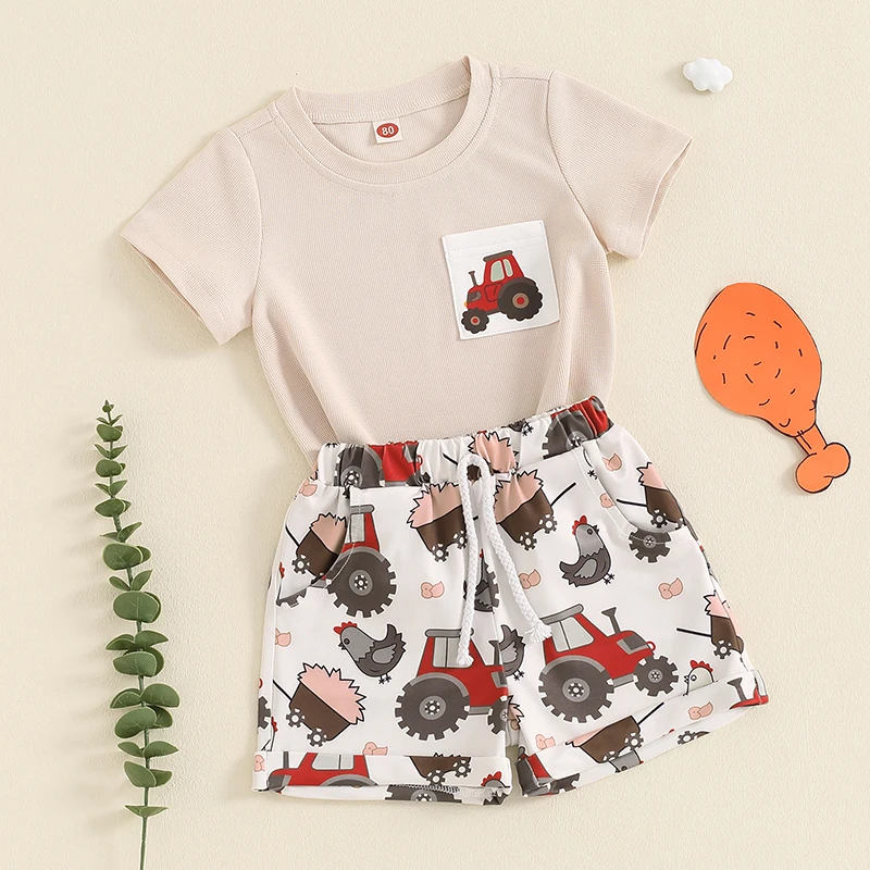 Toddler Kids Boys Clothes Set Tractor Print Short Sleeve T-shirt with Elastic Waist Shorts Set Summer Outfit