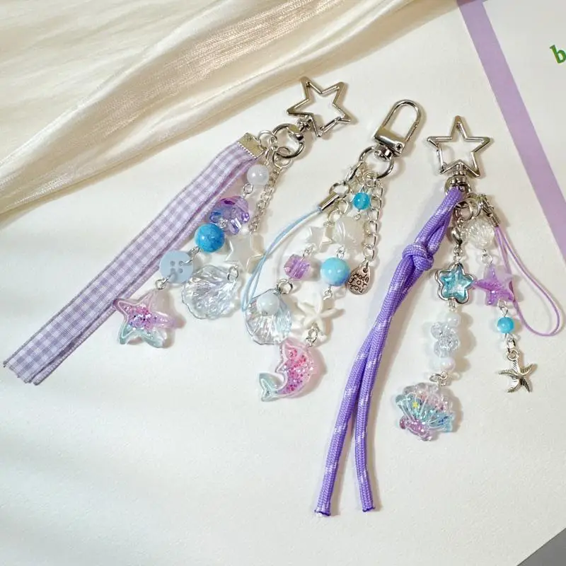 Porte-clés en forme d'étoile et de dauphin, coquille violette douce, perlé, chaîne de téléphone, sac à dos, pendentif, breloque, accessoires de décoration pour clé de voiture