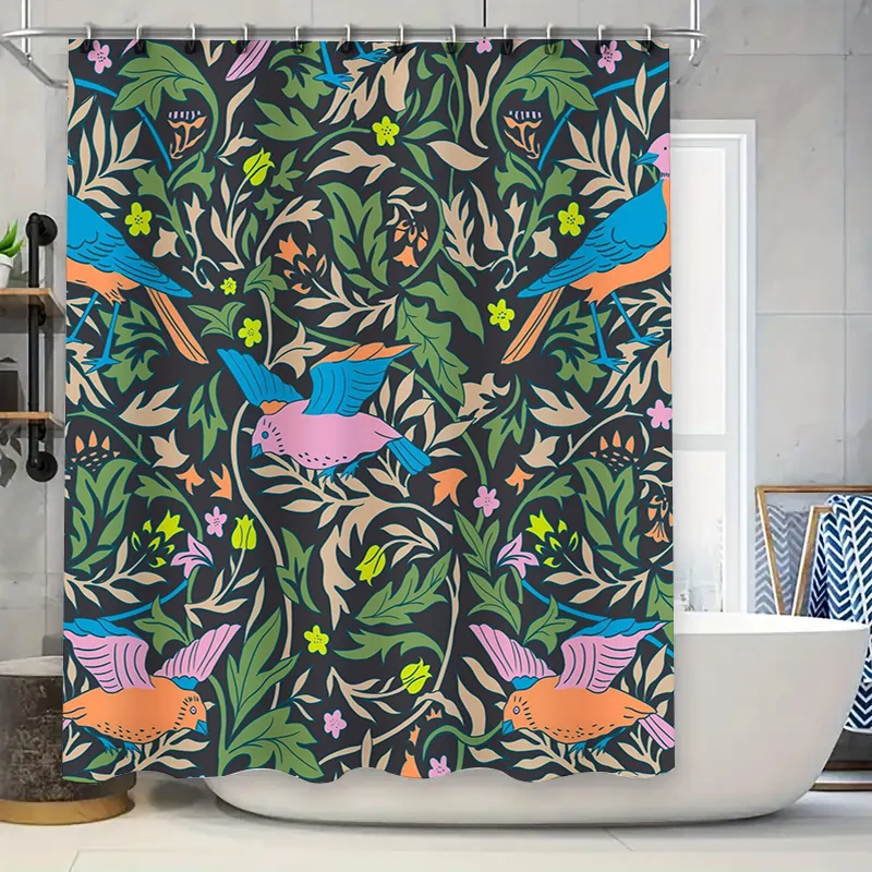 Modern Printed Shower Curtain Set Birds Floral Greenery Design 180 x 240 cm for Bathroom Decorations Pink Blue Orange Color Sche