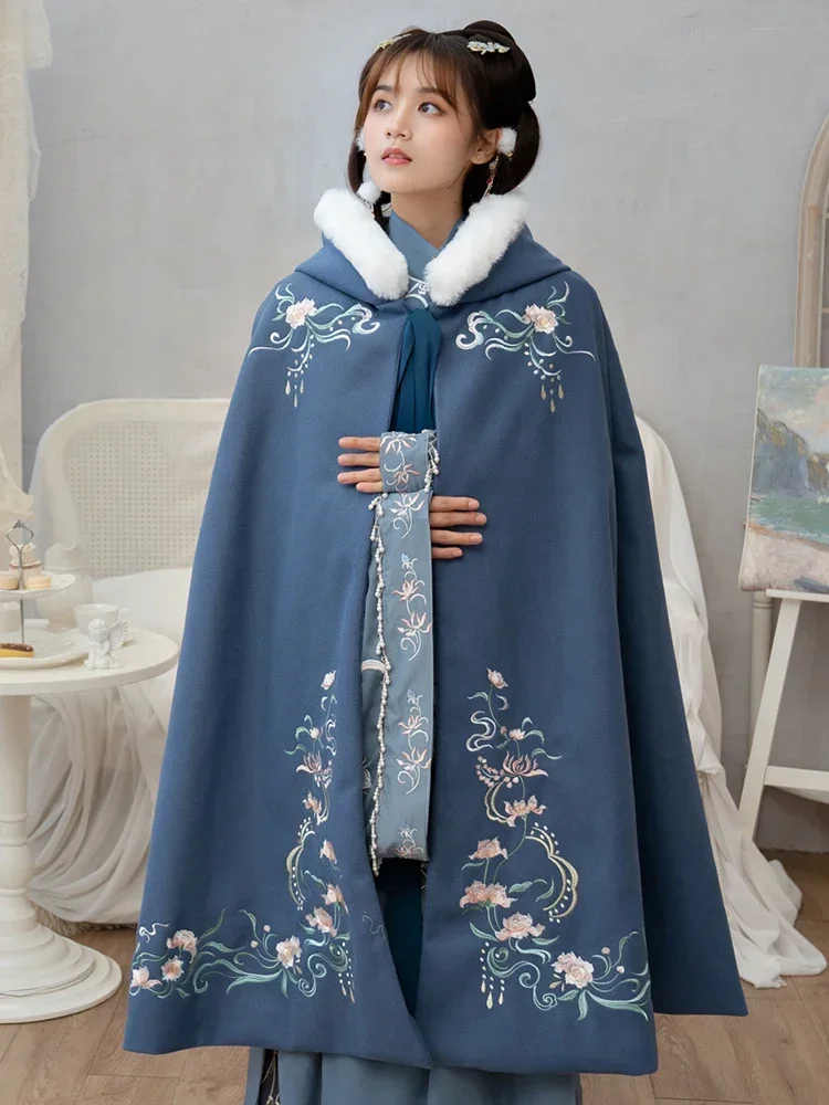 Women Hanfu Cloak Winter Warm Coat Chinese Thickness Overcoat Hooded Ancient Traditional Cosplay Ladies Clothing Blue