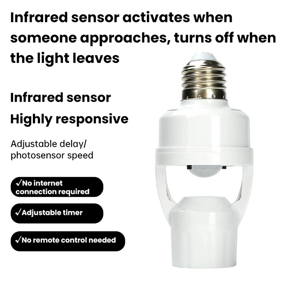 

Переходник для светодиодной лампы E27 с датчиком движения PIR (AC100-240В), регулируемый адаптер-держатель для лампочки с датчиком присутствия человека