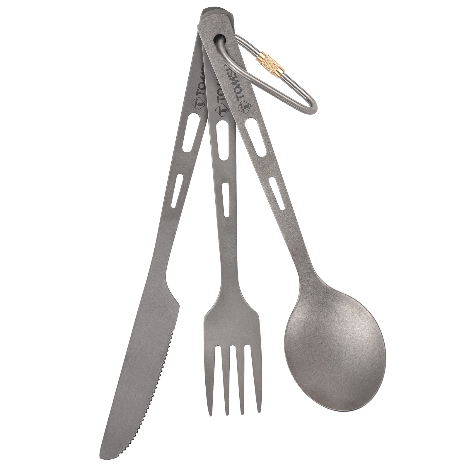TOMSHOO Titanium 3PCS Cutlery Set Lightweight Spoon Fork Cutter with Carabiner and Drawstring Sack for Outdoor Camping Tableware