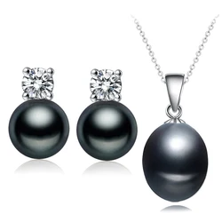 Real Freshwater Natural Pearl Set For Women,Wedding 925 Sterling Silver Pearl Necklace Earring Sets Wife Mom Engagement Gift