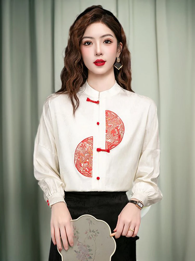 New 2024 Spring Women Shirts & Blouses Chinese Buttons Chinese Style Long Sleeve White Blouses Women Jacquard Elegant Top Mujer