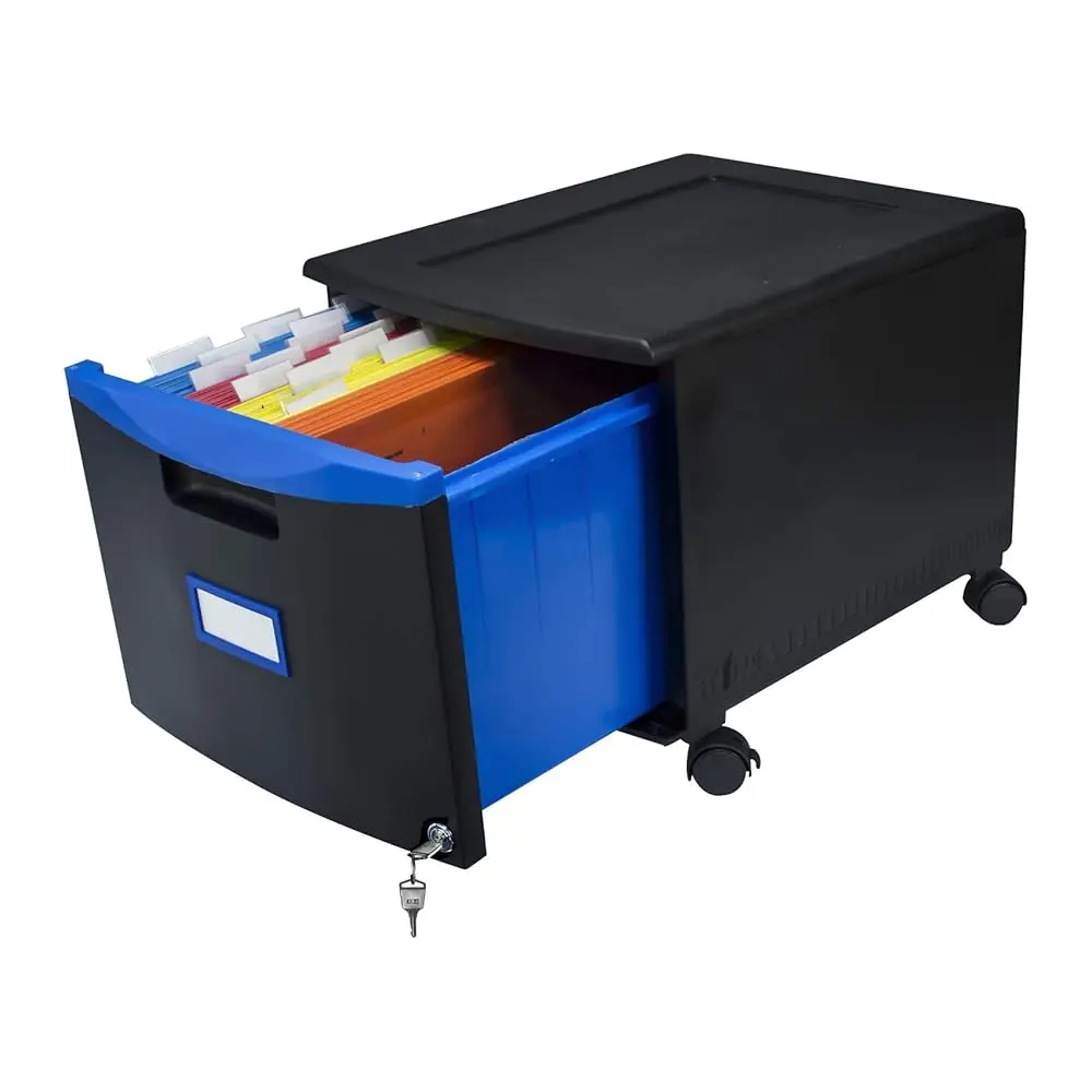 

Plastic One-Drawer File Cabinet – Locking Document Organizer With Casters For Home And Office, Black/Blue, 1-Pa (61269A01C)