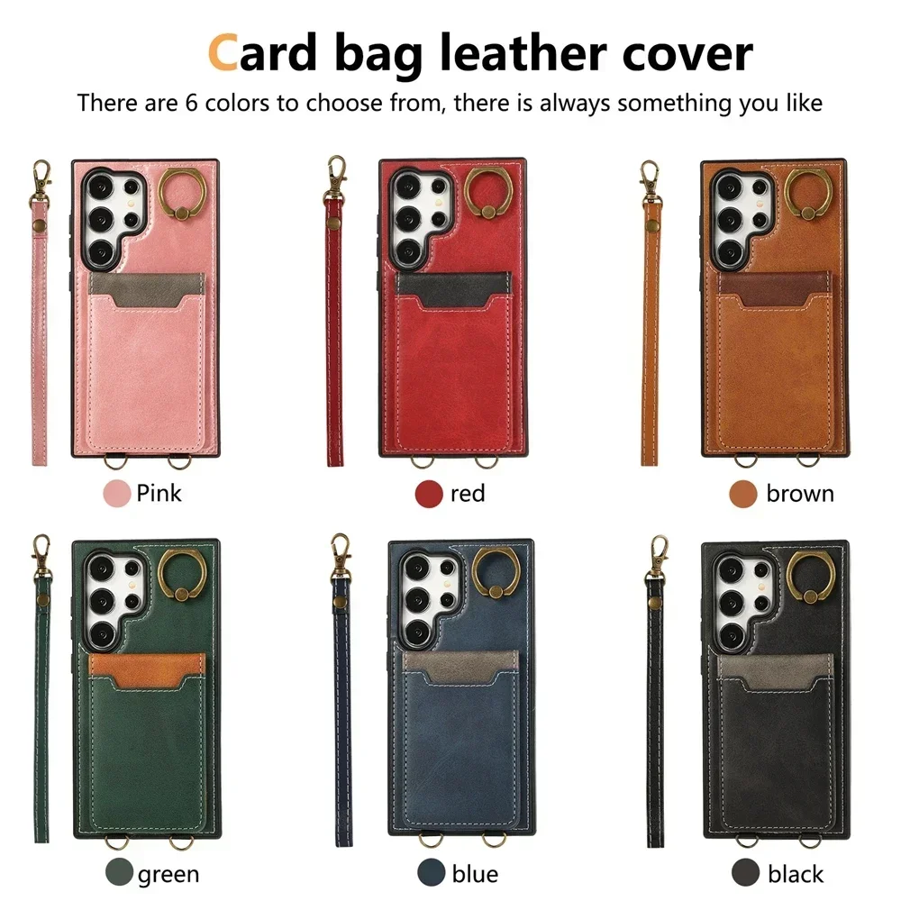 Wristband Leather Wallet Case For Samsung Galaxy S24 S23 S22 Ultra Plus A55 A54 A14 5G Ring Bracket Card Holder Phone Cover