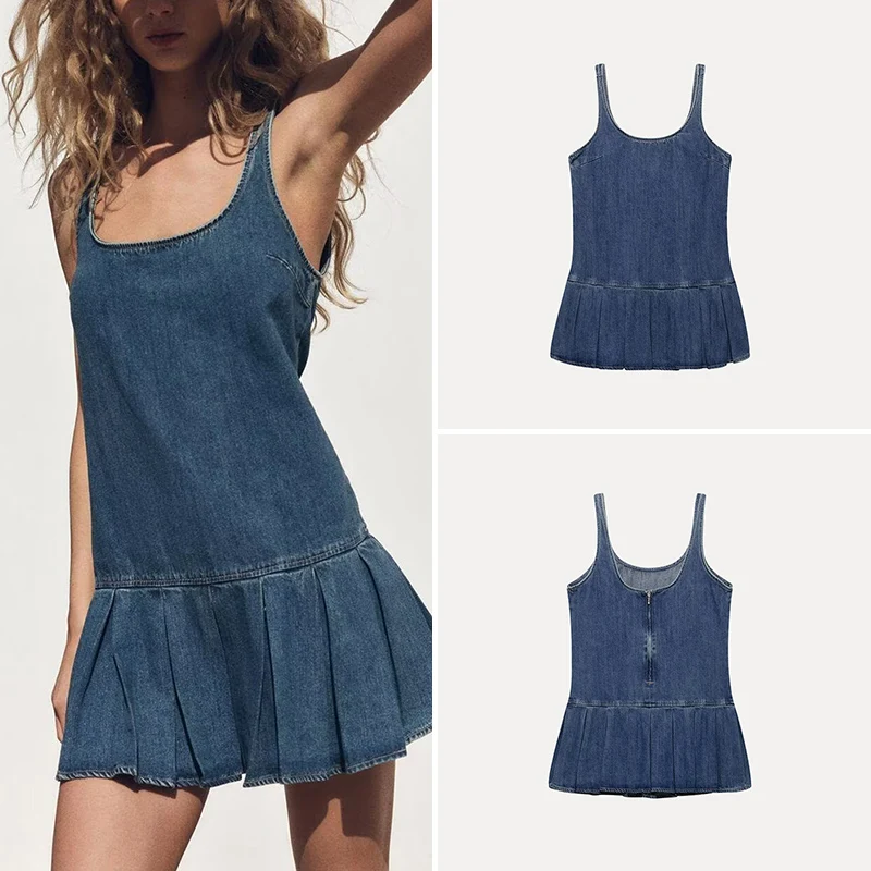 Frühling 2025, Faion, breiter Falten-Oulder-Träger, rund, Ne Denim Dr, Damen-Sle-Ele-Rock, Einzelstück, No Sve, Polye...