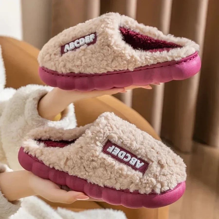 Autumn Winter Plush Warm Women Cotton Slippers Indoor Home Casual Toe Wrap Fluffy Slides Men Anti Slip Thick Platform Soft Shoes