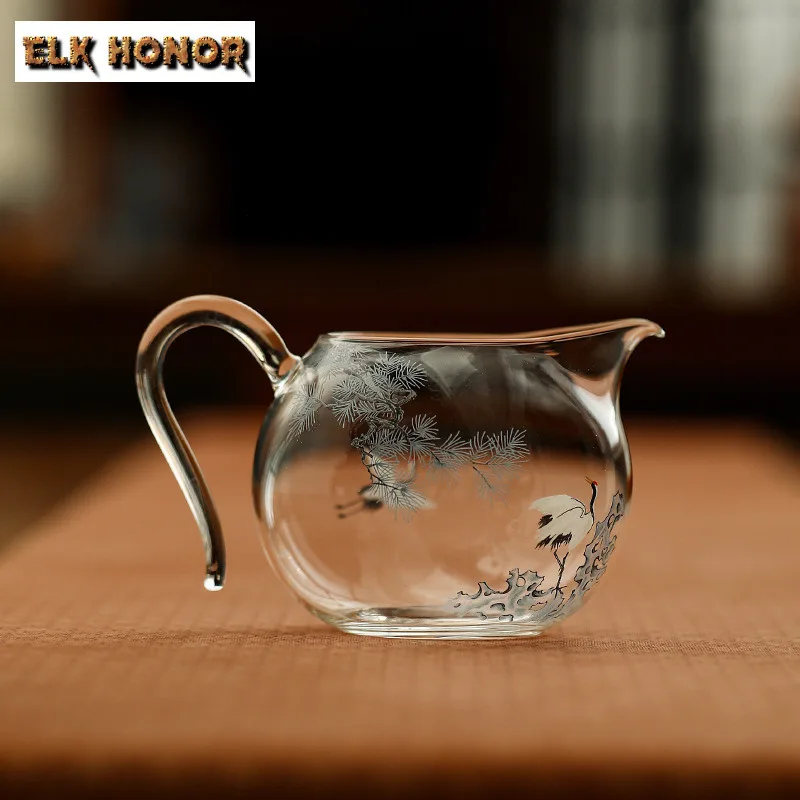 340ml Blue Pine Crane High Borosilicate Glass Tea Pitcher Divide Tea Cha Hai Dispenser Justice Cup Fair Mug Tea Ceremony Gifts