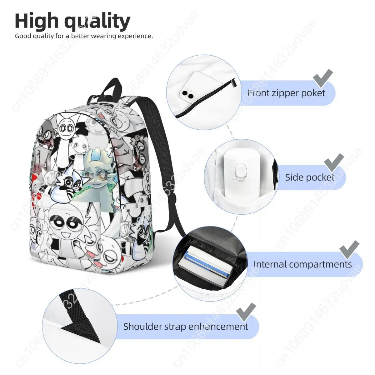 Sprunki Incredibox Wenda Teenage Backpack with Pocket Student Hiking Travel Beats Game Daypack for Men Women Laptop Shoulder Bag