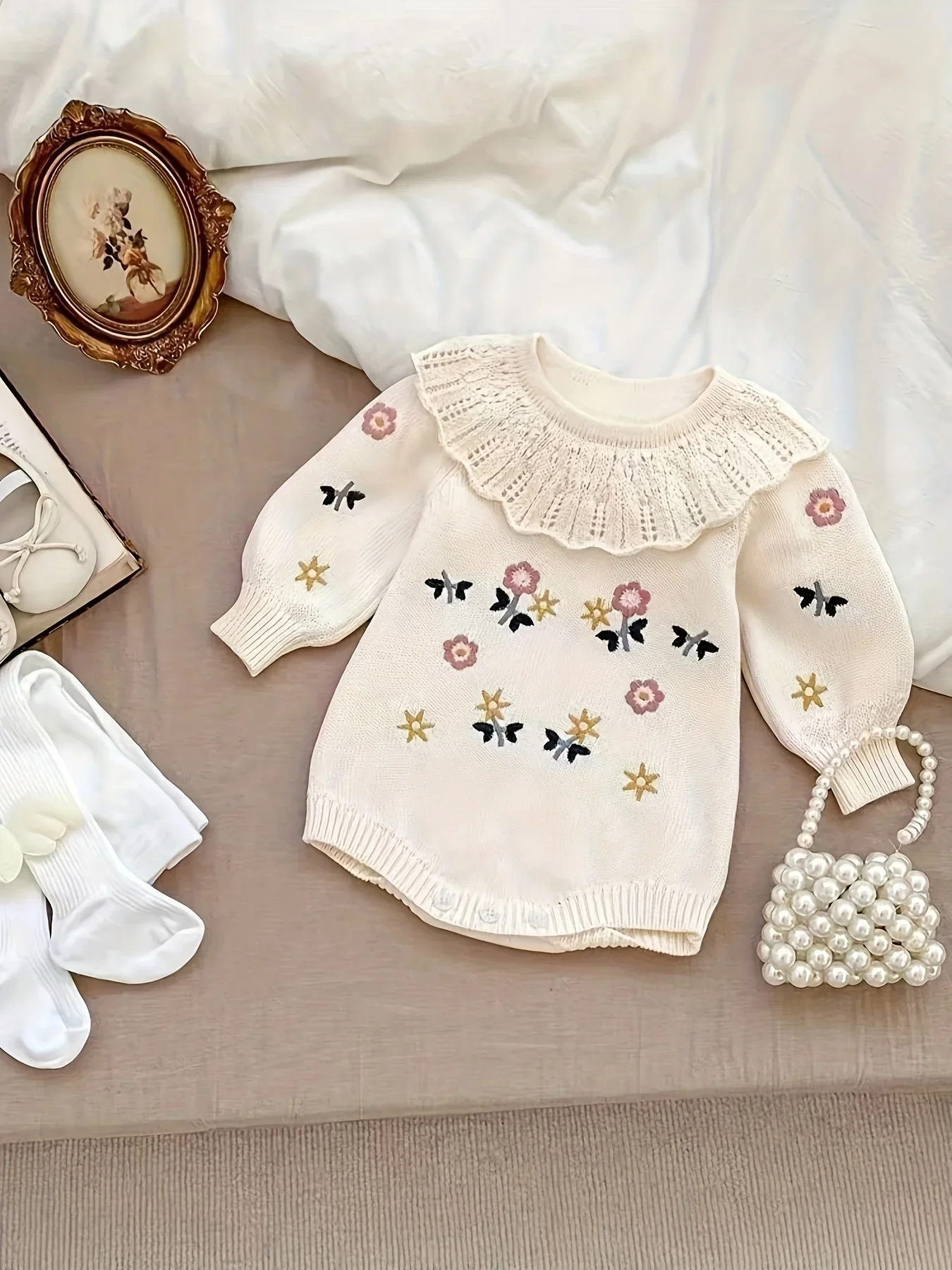 

Baby Autumn Clothing Baby Girl Princess Bag Embroidered Knitwear Knitwear 100-Day One-Year-Old Dress Jumpsuit