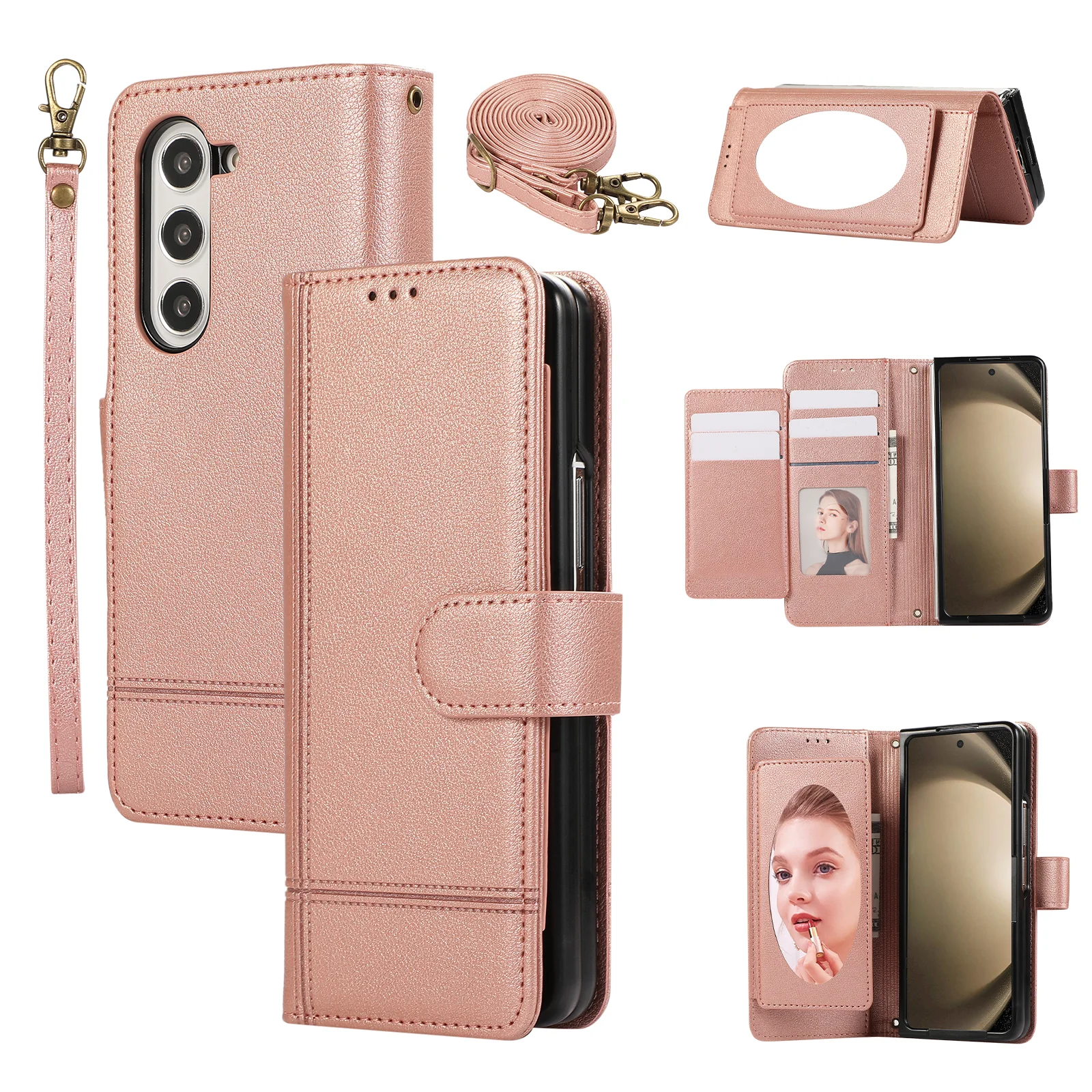 

Кожаный чехол для макияжа с зеркальными картами Solt Wallet для Samsung Galaxy Z Fold 7, 6, 5, 4, 3, 5G Fold7, 7 Fold6, чехол для сумки