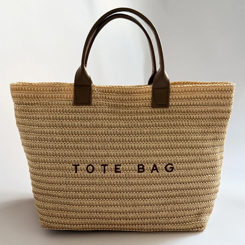 Handheld large capacity commuting letter embroidered woven bag, women's fashionable casual grass woven bag, tote bag, handbag image 3