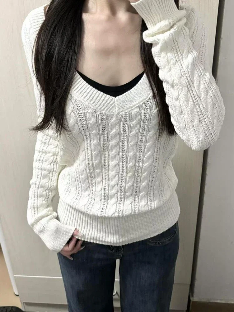 

Осень 2024, милый однотонный свитер, женский Y2k, эстетичный повседневный свободный винтажный топ, консервативный стиль, сказочный трикотаж, универсальный джемпер