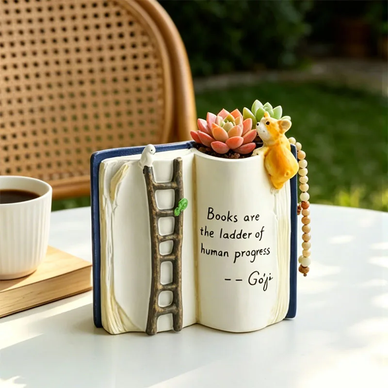 Literary Open Book Succulent Planter Adorable Puppy Bird Ladder Pot for Indoor Home Desktop Balcony Small Planting Use