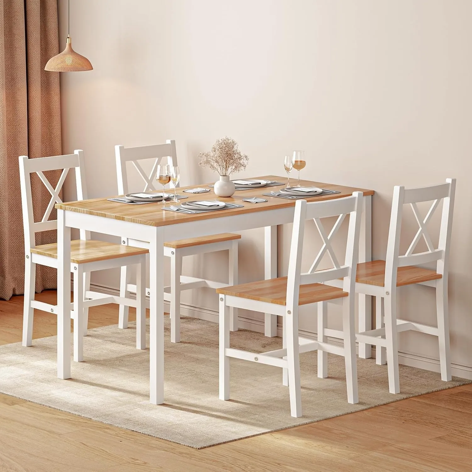 Dining Table Set for 4, 5-Piece Wood Kitchen Dining Table Set with 4 Chairs for Kitchen Dining Room Restaurant Small Space, Whit