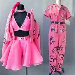 Nightclub Bar DJ DS Jazz Dance Costume Women Pink Bra Skirt Men Hiphop Overalls Stage Performance Wear Rave Outfits XS5024