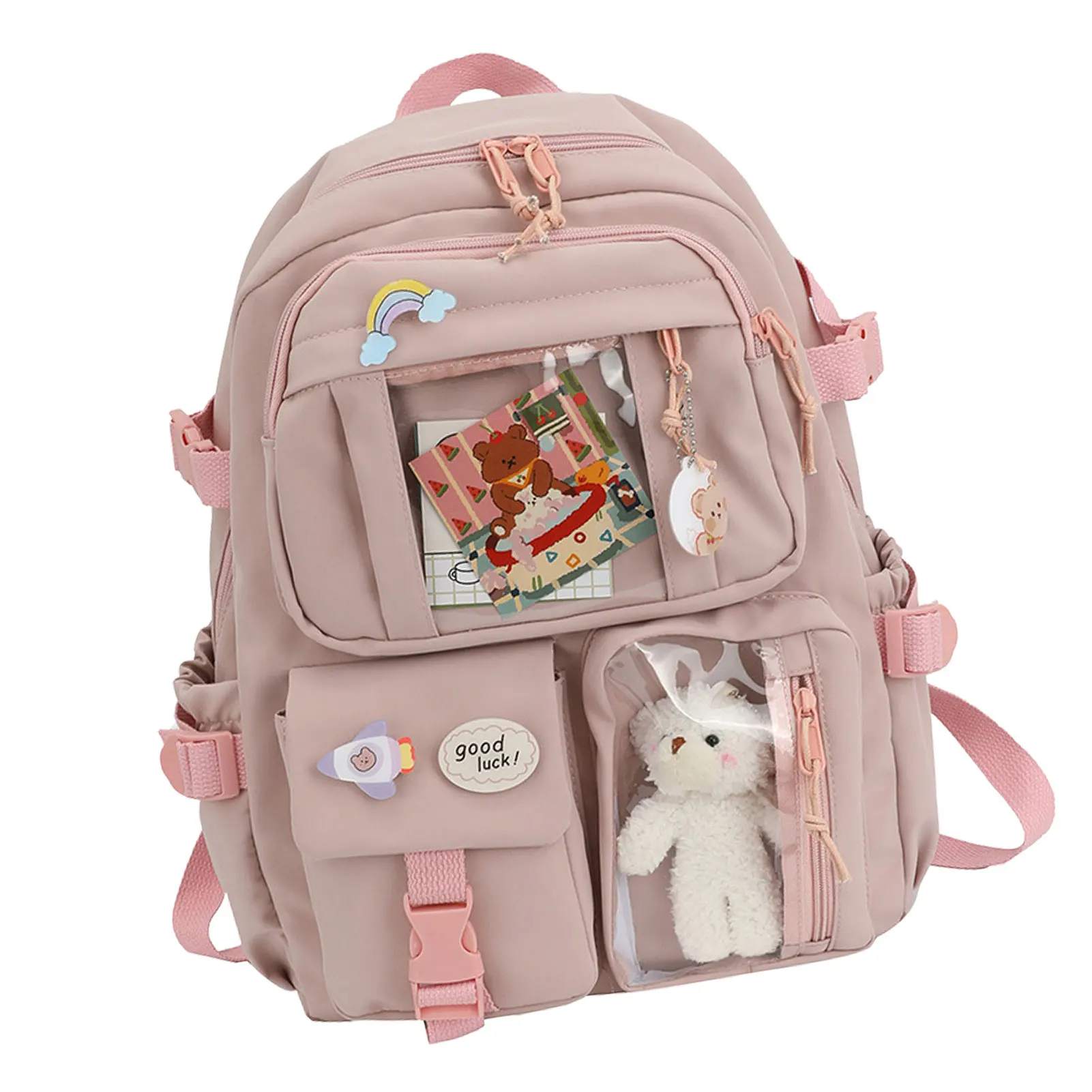 Kawaii حقيبة كتف ظهر مع دبوس وملحقات أسود/وردي/كريمي-أبيض/أخضر بنات حقائب مدرسية مع دبوس لطيف و