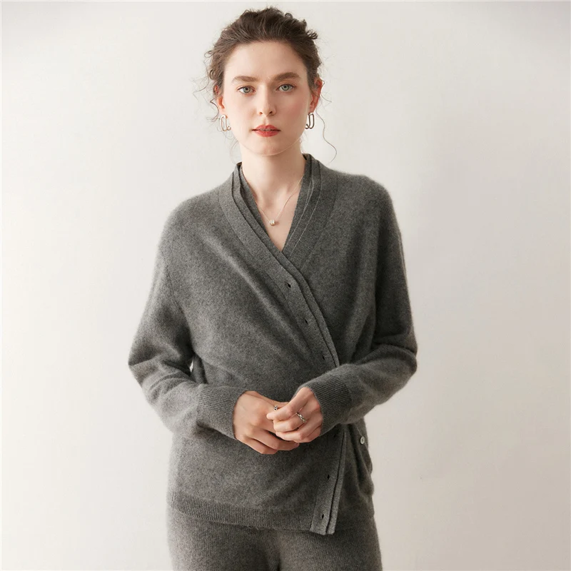 

Women Cashmere Sweater Cardigan Office Lady Autumn Winter 100% Cashmere Knitwear Female Double V-neck Simple Style Clothing Top
