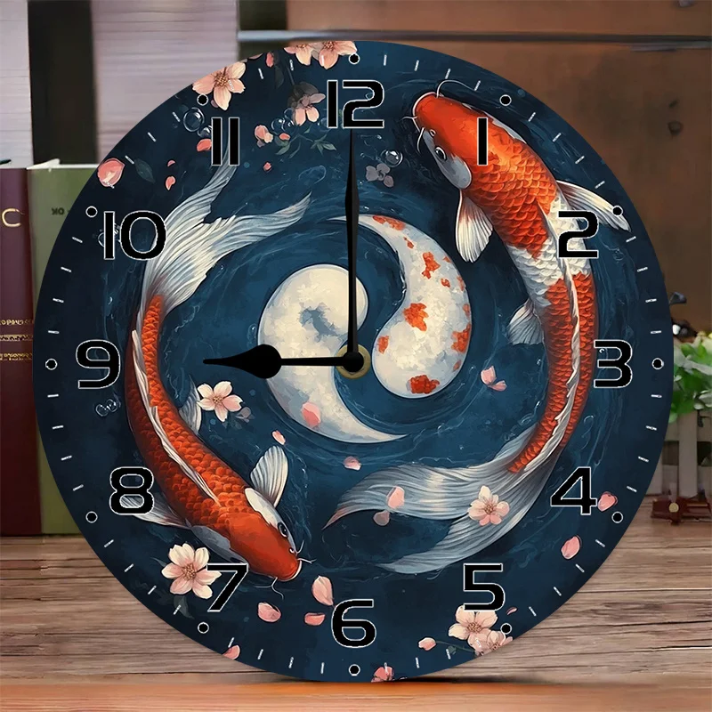 Reloj de pared silencioso de 10 pulgadas con diseño de pez Koi japonés y flor de cerezo: chapa de madera azul oscuro, reloj plano redondo para vivir