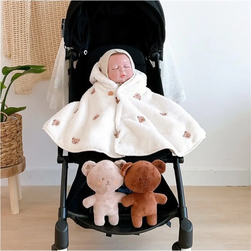 Embroidered Baby Clothes Ins Winter Baby Hooded Cloak Baby Girl Coat Infant Outfit Windproof Coral Velvet Blankets for Newborn