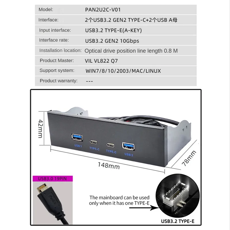 

USB3.2 TYPE-C 10Gbps панель оптического привода 2X USB GEN2 + 2X TYPE-C 4,3-дюймовый 3,5-дюймовый концентратор 19PIN на C-порт, передняя и задняя вилка