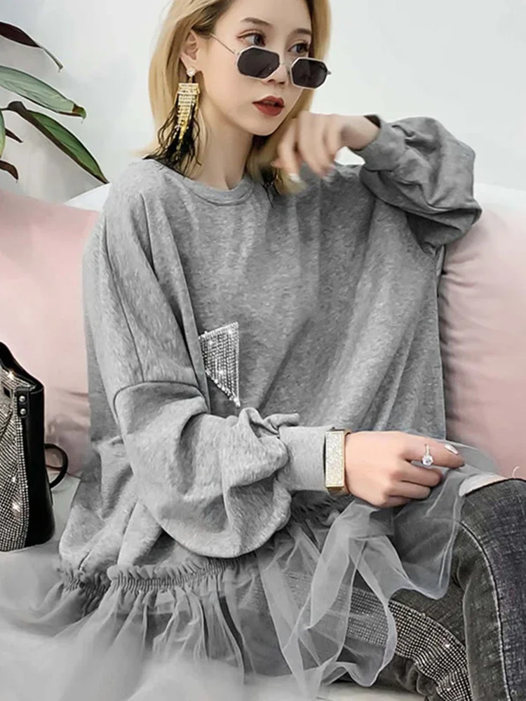 XITAO Tide Patchwork Mesh Pleated Sweatshirt Diamonds Women Clothes 2019 Elegant Fashion Pullover Top Autumn Korean WQR1548