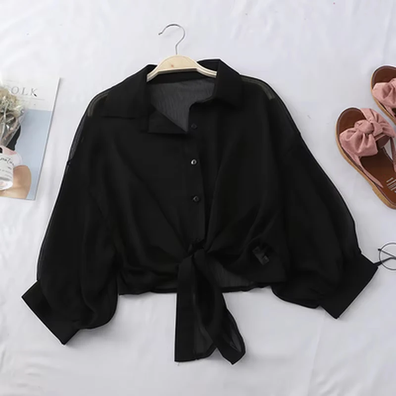 Damska letnia szyfonowa koszula z półrękawkiem Casual Loose Button Hollow White Clothes Elegancka bluzka w jednolitym kolorze z wiązaną talią 9776
