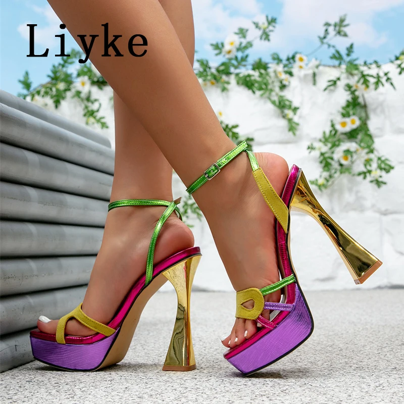 

Liyke Model Runway Show Sexy Super High Heels Platform Sandals For Women Fashion Square Toe Banquet Party Prom Shoe Mixed Colors